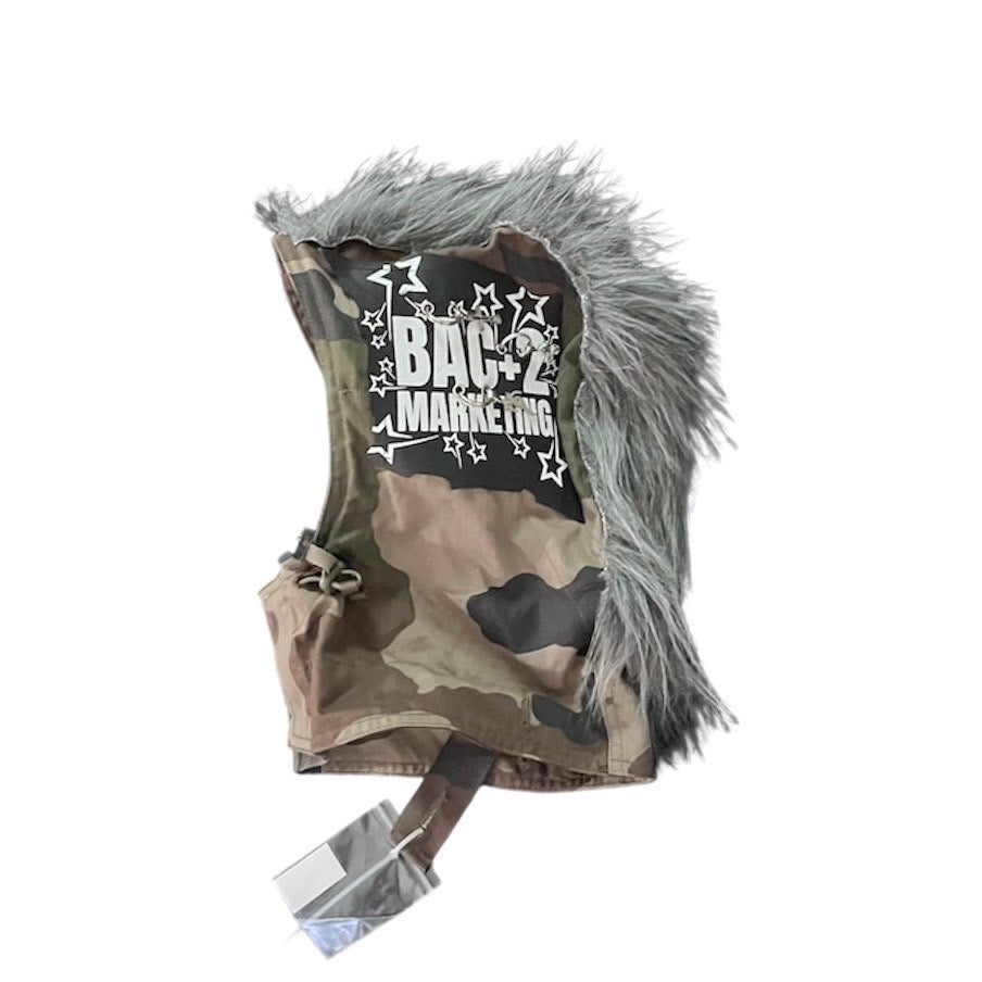 Camo cotton hood - leather - nsynthetic fur - digital prints - metal accessories