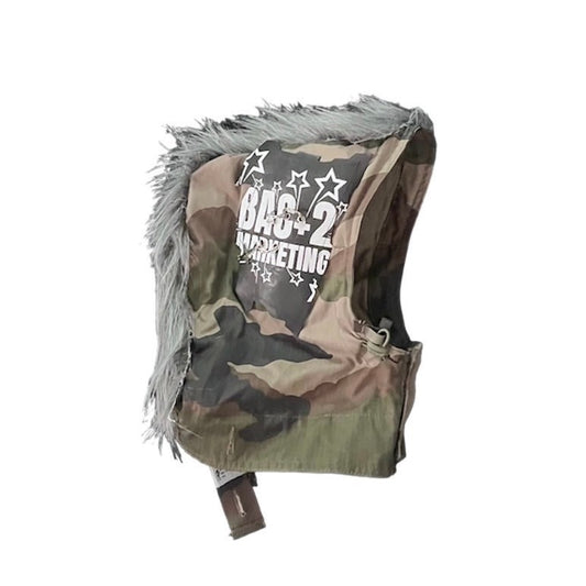 Camo cotton hood - leather - nsynthetic fur - digital prints - metal accessories