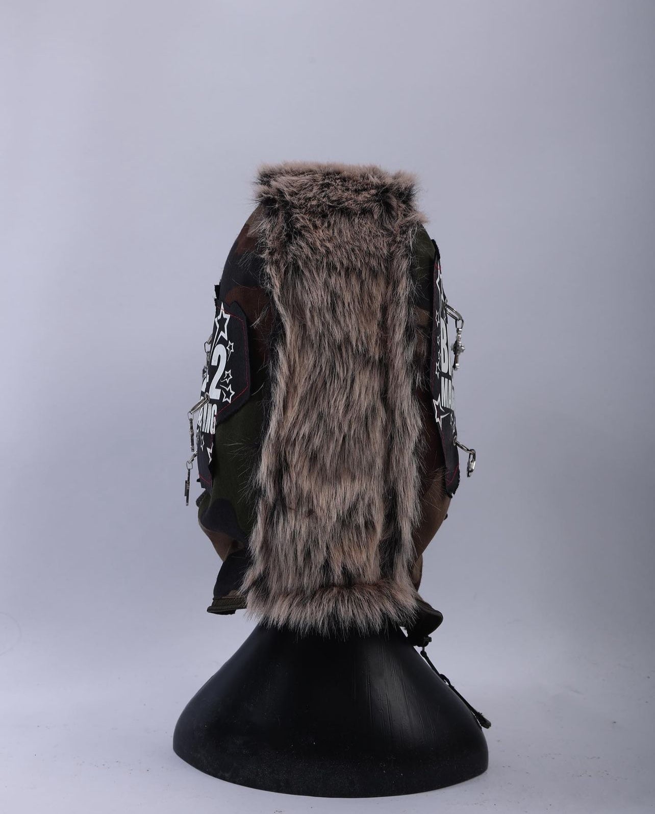 Camo cotton hood - leather - nsynthetic fur - digital prints - metal accessories