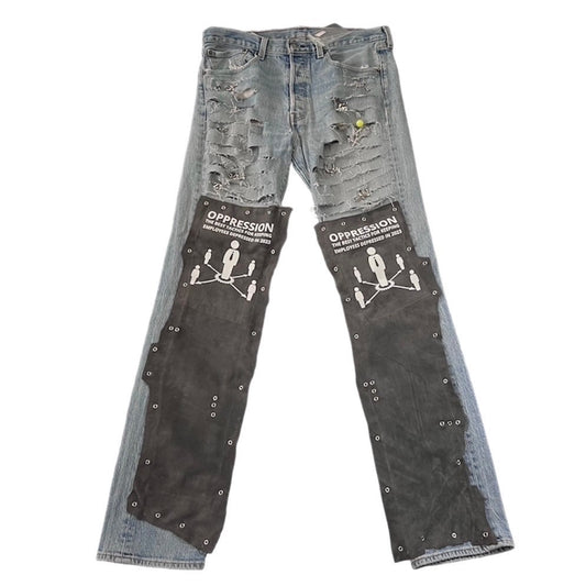 Vintage Levi’s 501- leather - digital prints - metal accessories + semi-precious stones