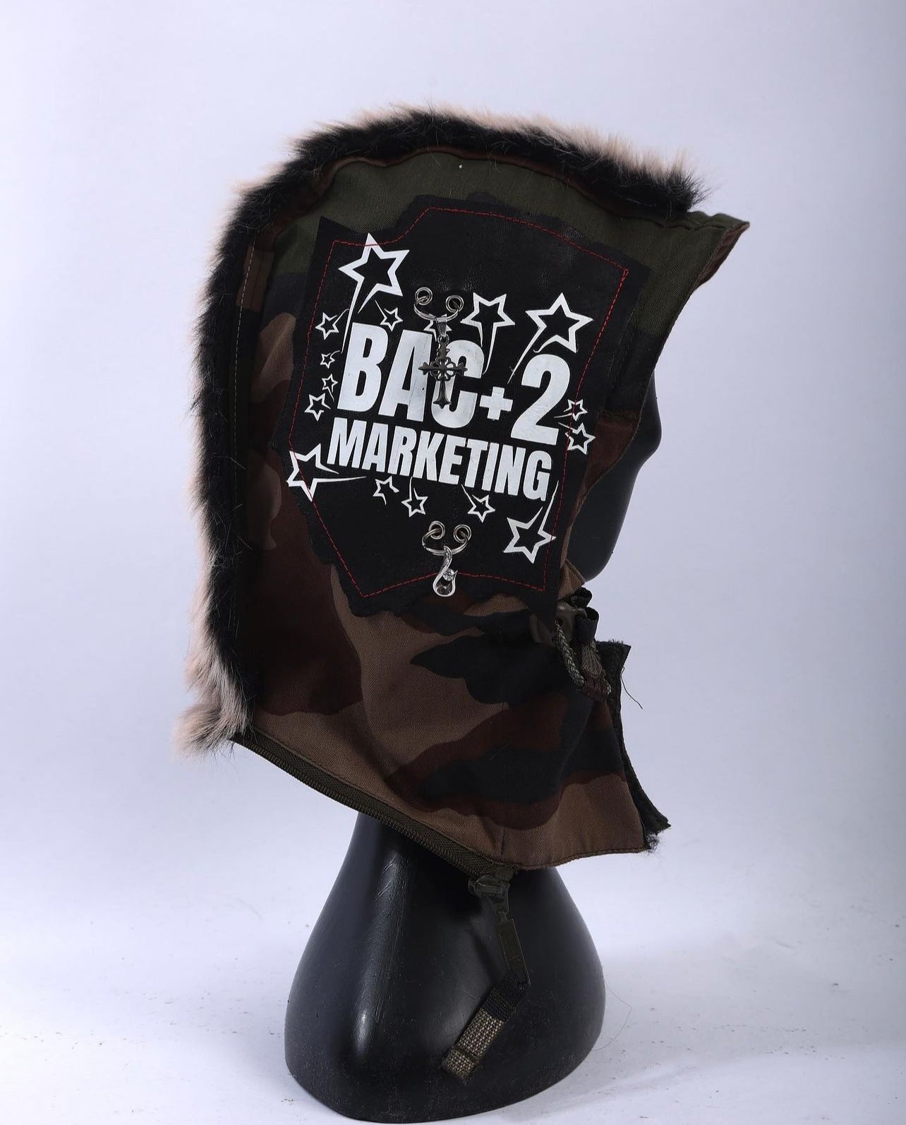 Camo cotton hood - leather - nsynthetic fur - digital prints - metal accessories