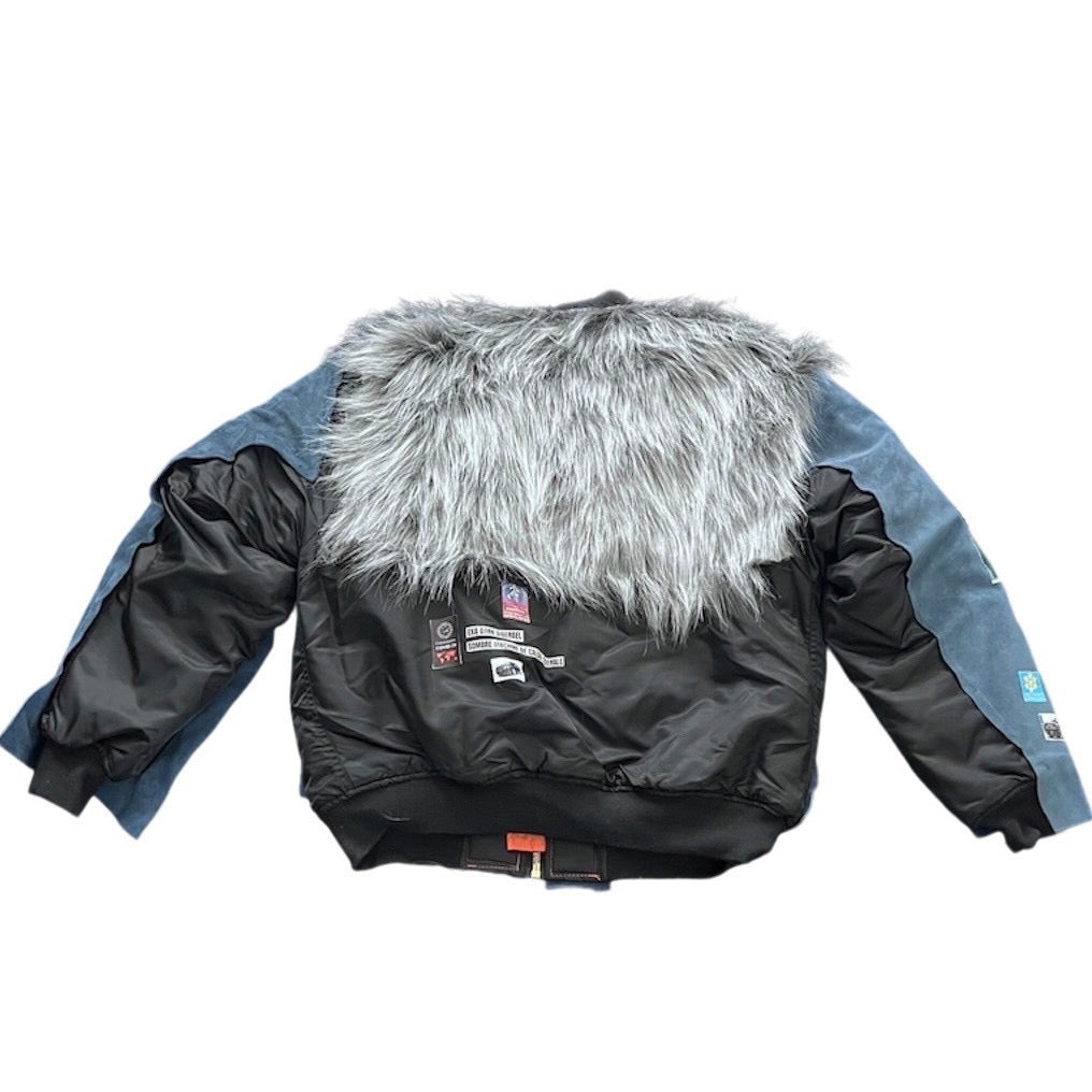 Bomber jacket made of polyester-cotton -leather - digital prints-synthetic fur