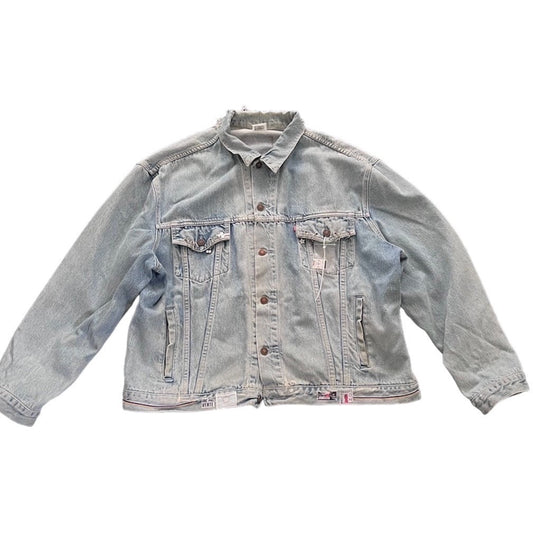 Vintage Levis denim jacket - leather - metal accessories - digital prints - metal accessories - nsemi precious stones