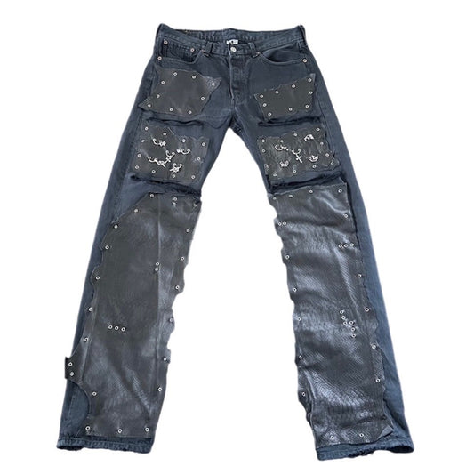 Leather patched jeans